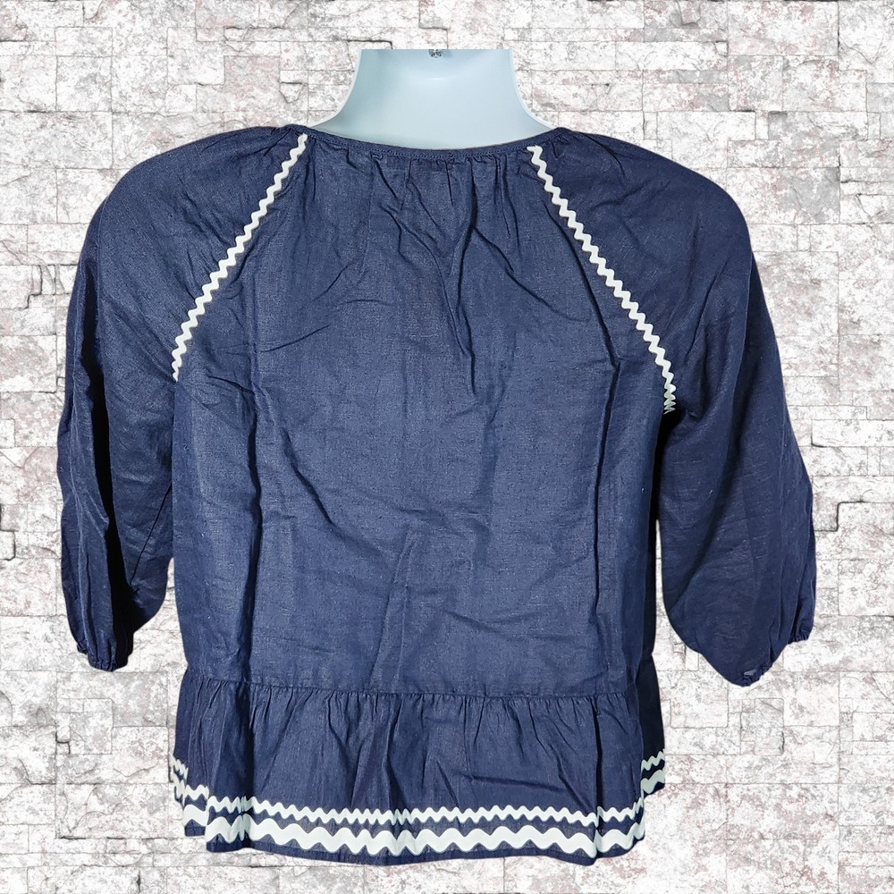 J.Crew Swing Blue Top Rickrack Trim L7449 Navy Puff Sleeve Blouse Womens XS NEW - Picture 4 of 6